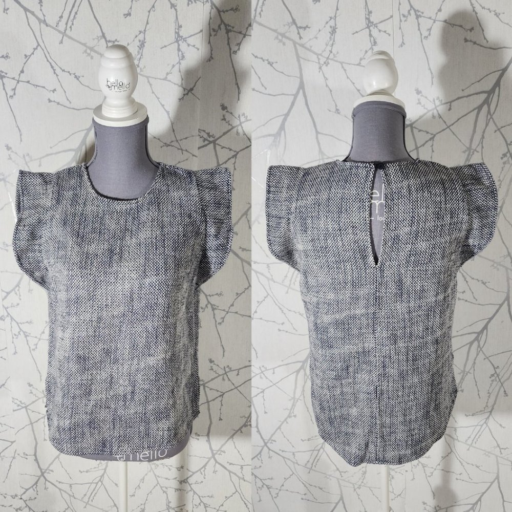 Collective Concepts Navy Woven Tweed Flutter Sleeve Blouse